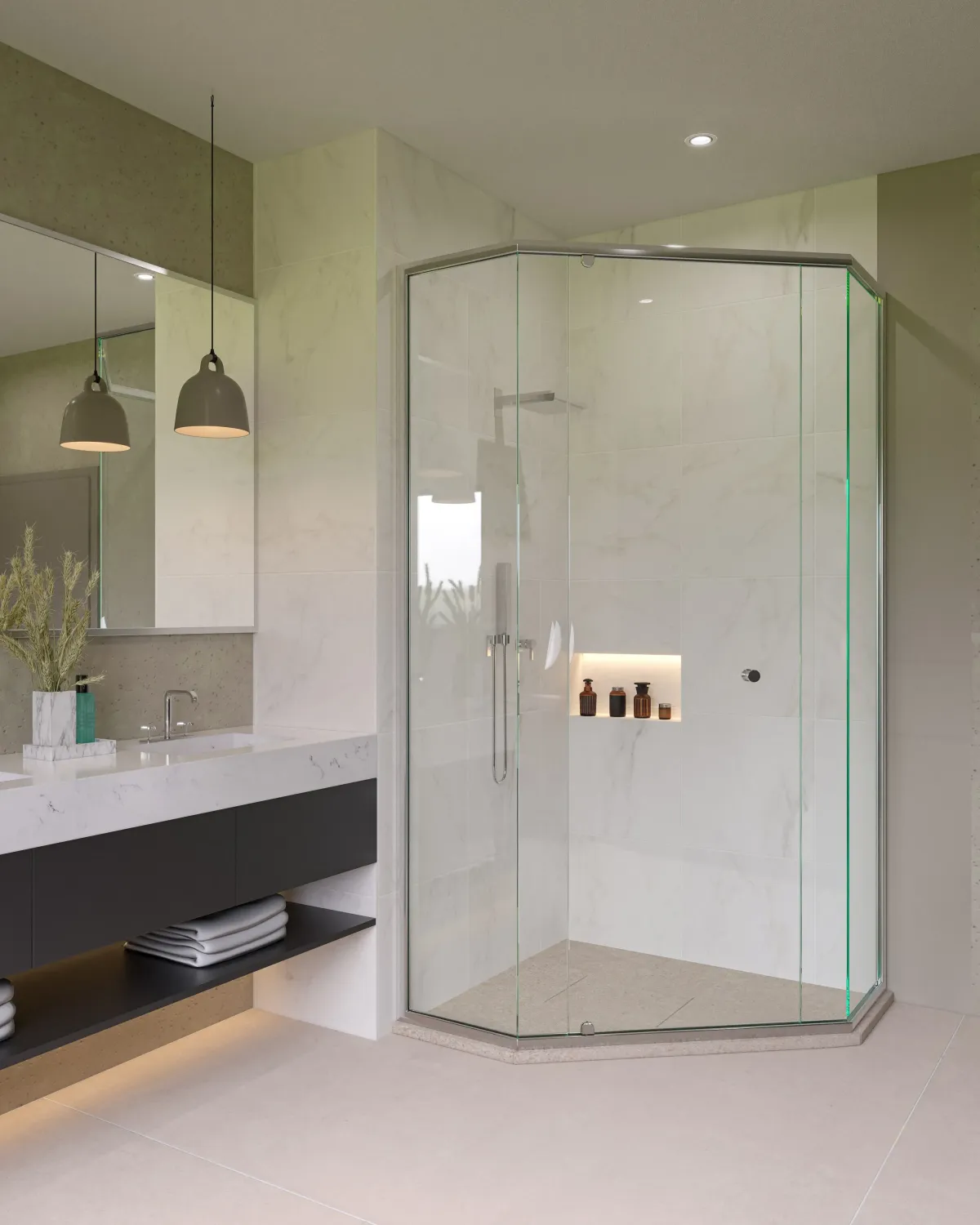 South Brisbane bathroom with custom semi frameless glass shower screen, double vanity, pendant lights, and marble-look tiles.