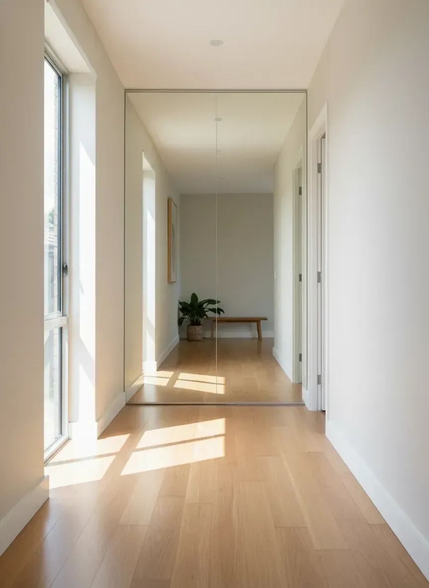 South Brisbane hallway with full height wall mirror creating light and depth