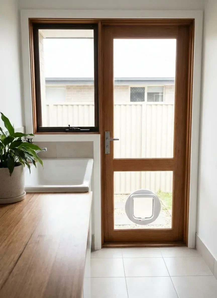 Pet doors South Brisbane correct procedure: new toughened glass panel made with pre-cut hole before installation into sliding door