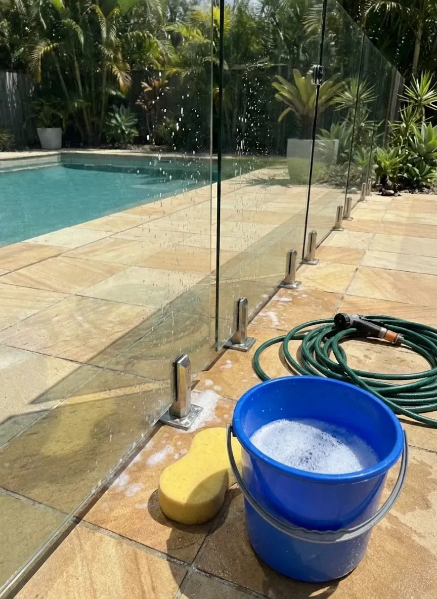 How to clean glass pool fences South Brisbane with warm soapy water and microfibre cloth to remove salt and chlorine residue