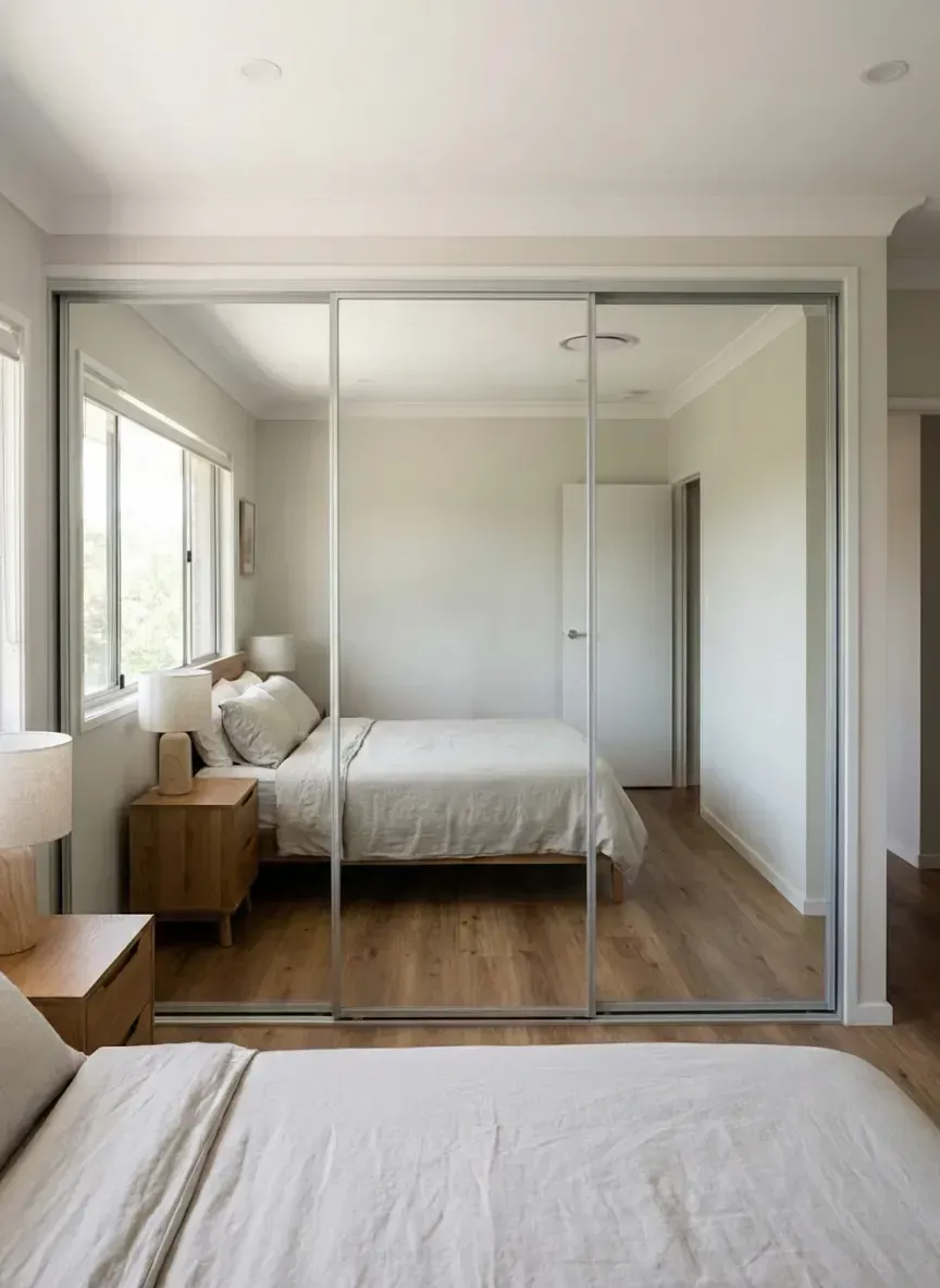 framed mirror wardrobe doors with aluminium frame in South Brisbane bedroom