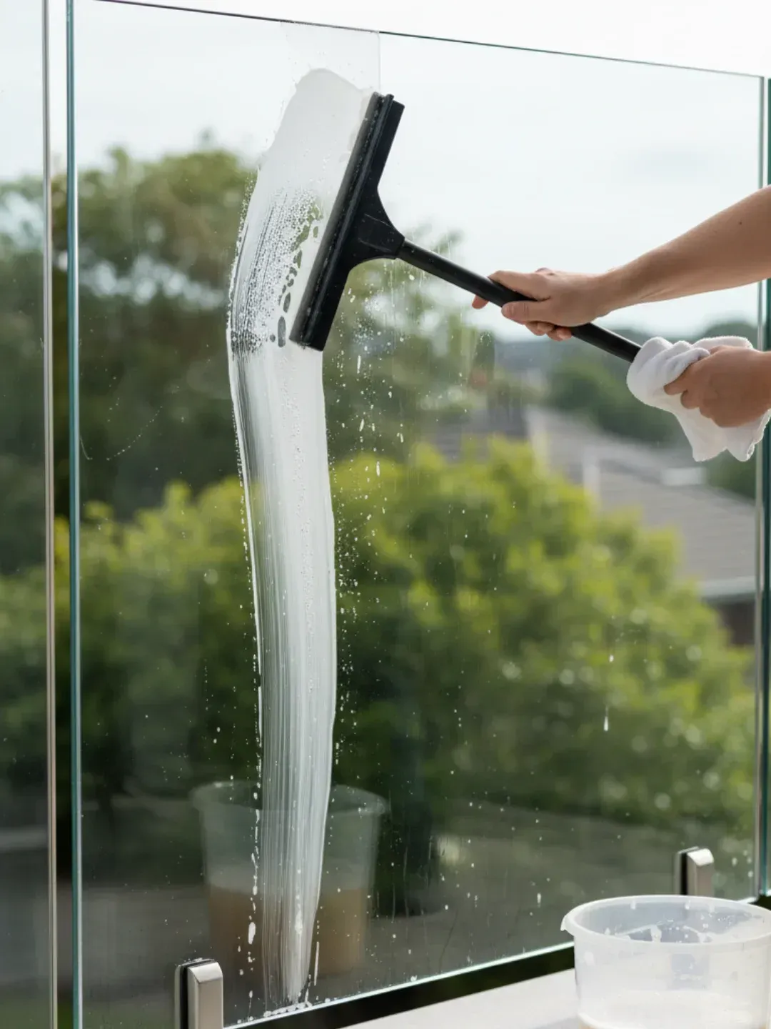 How to clean glass balustrades South Brisbane with microfibre cloth and squeegee, removing salt buildup for a long-lasting shine